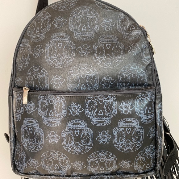 Italian Larettamia black leather and suede backpack with skull and flower motif main image 10